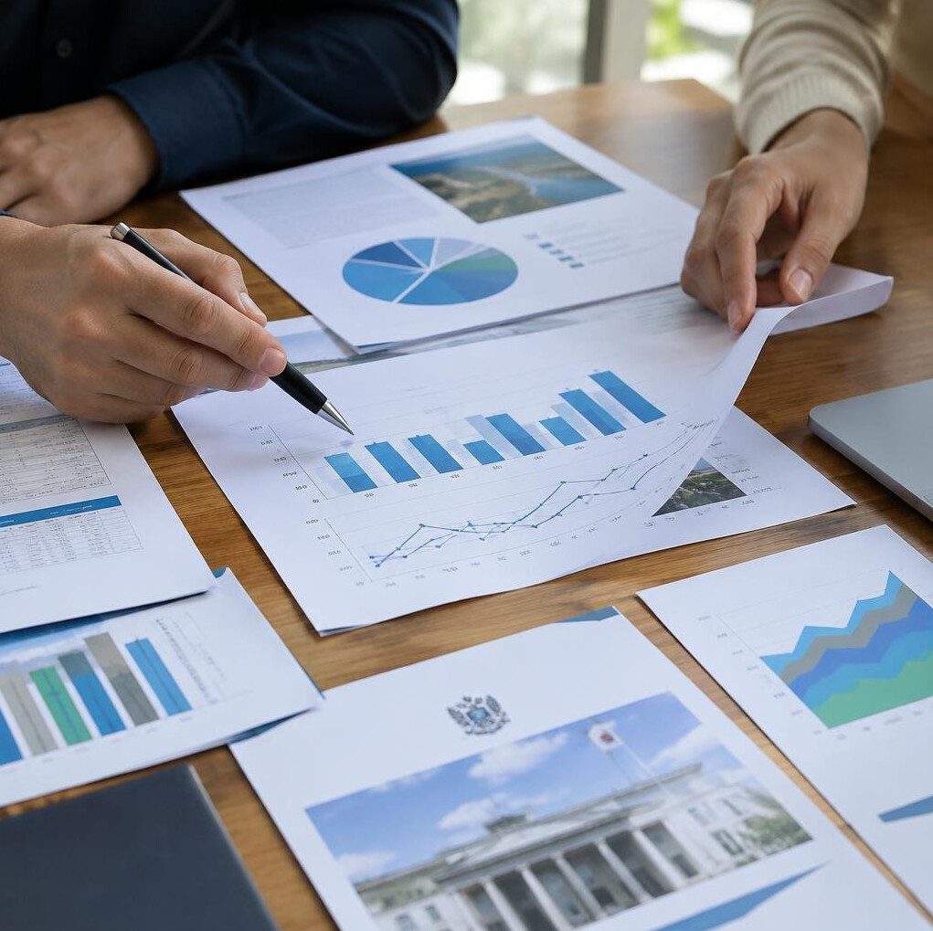 Close up of hands reviewing printed charts and reports