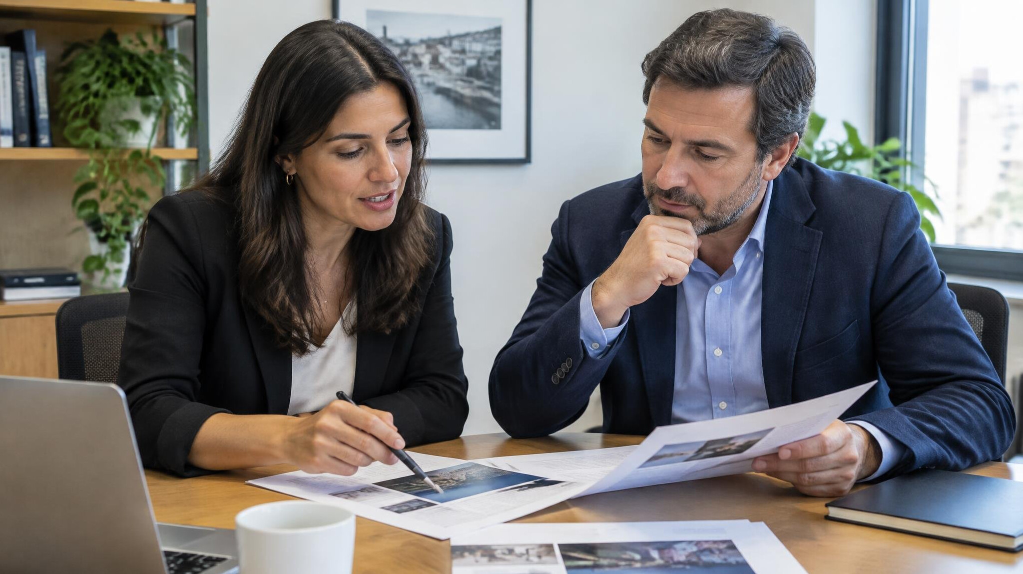 Two people discussing documents during a meeting