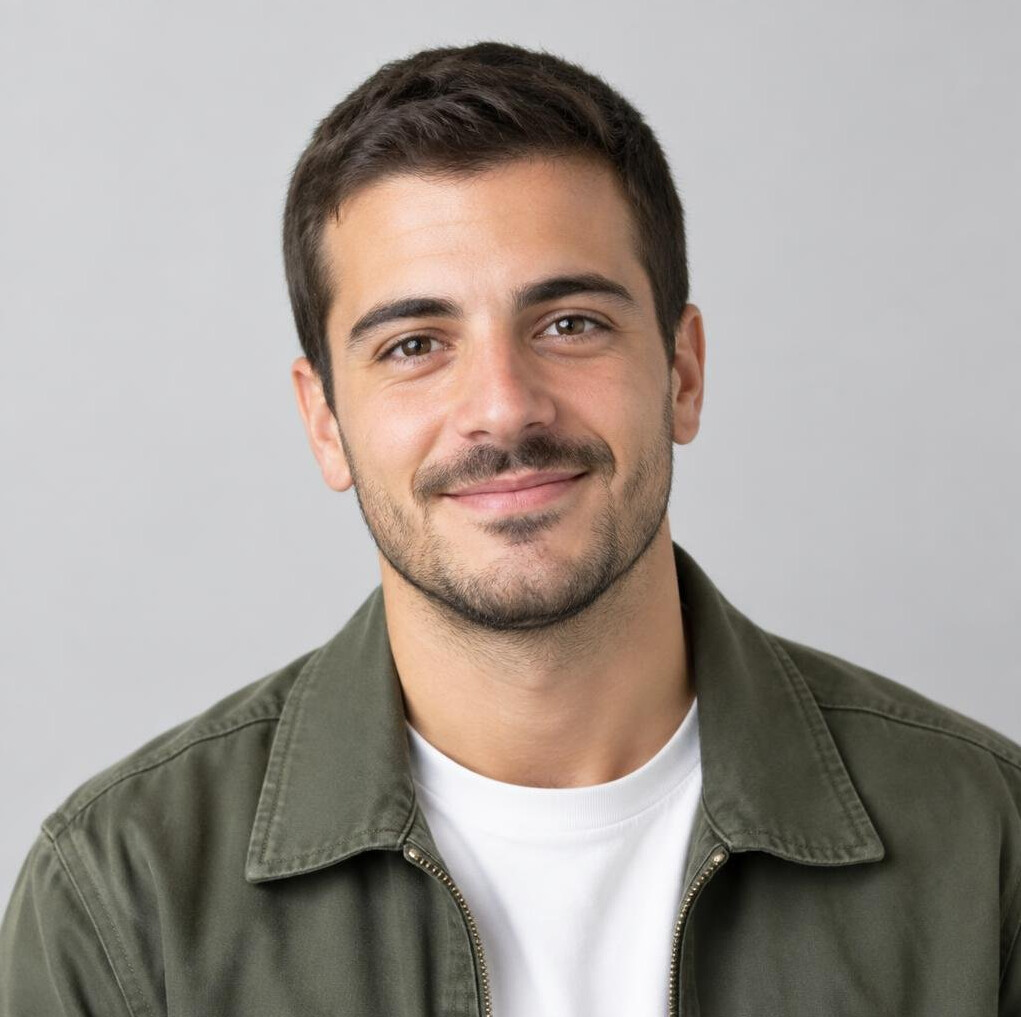 Studio portrait of a young Portuguese man with short hair
