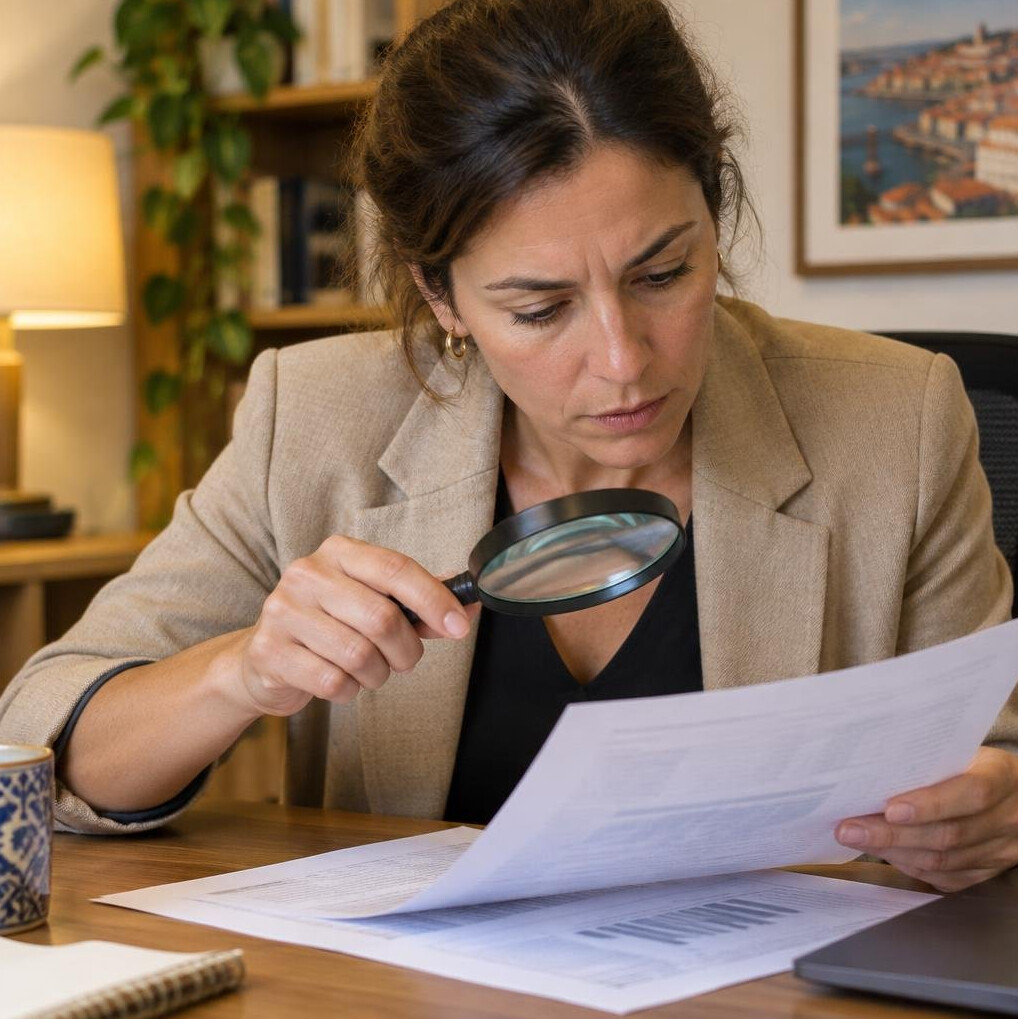 Person reviewing printed documents with a magnifying glass on a desk